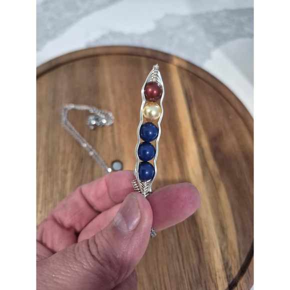 Jewelry - Handmade Wire Wrapped Pea Pod Necklace Silver Tone Five Bead Pendant Blue Red